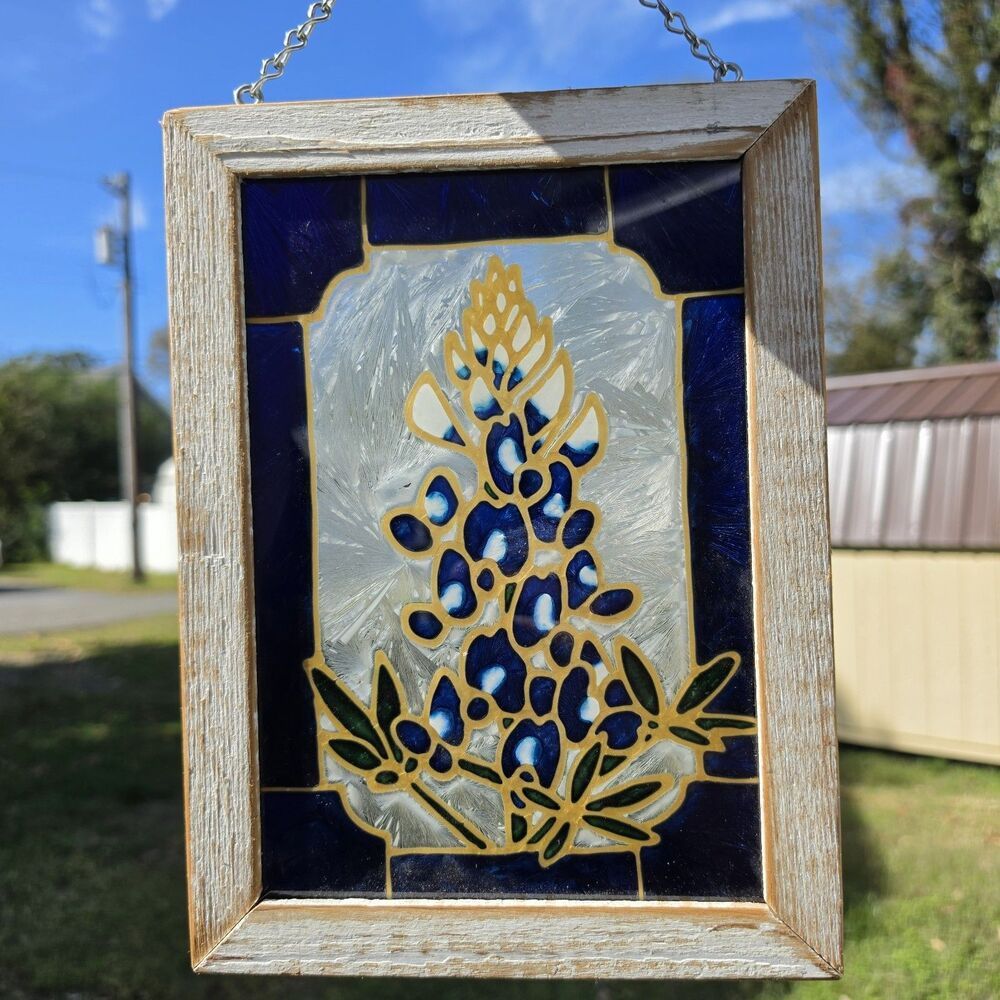 Bluebonnet Flowers Stained Glass Style Window Suncatcher Wood Frame 8x11